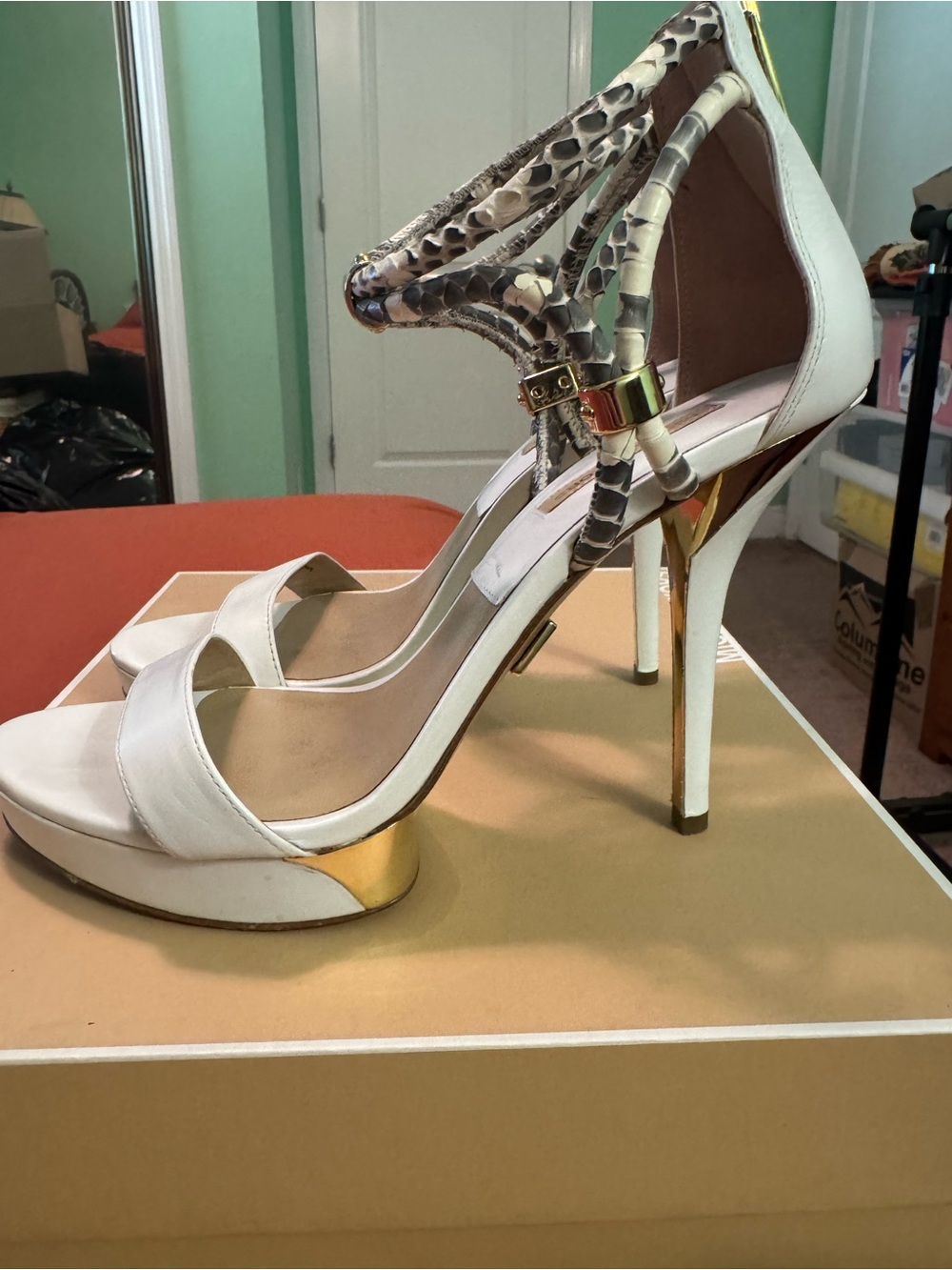 Michael Kors White Leather Heeled Sandals with Snake-Print Ankle Wrap - Picture 3 of 8